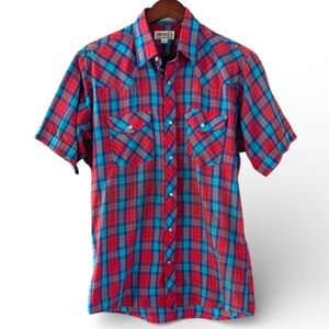 Vintage Sheplers Pearl Snap Shirt Mens Medium Plaid Blue Red Cowboy Western